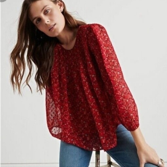 Lucky Brand semi sheer Swiss dot detail and floral print blouse. - Picture 4 of 12